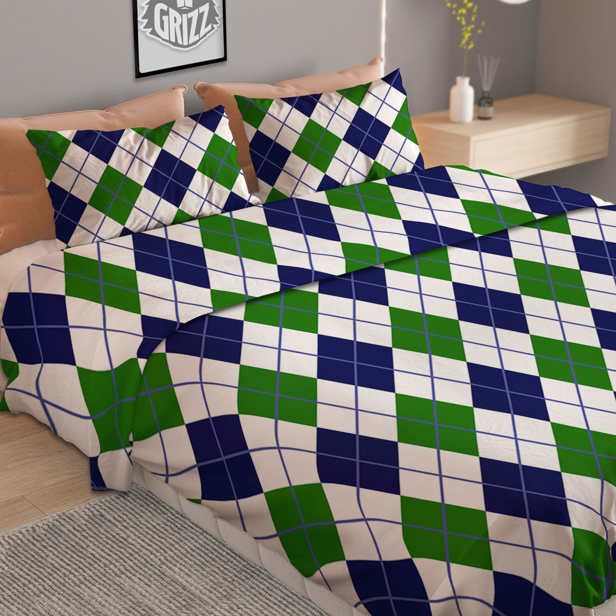 White Green And Navy Argyle Print Duvet Cover Bedding Set