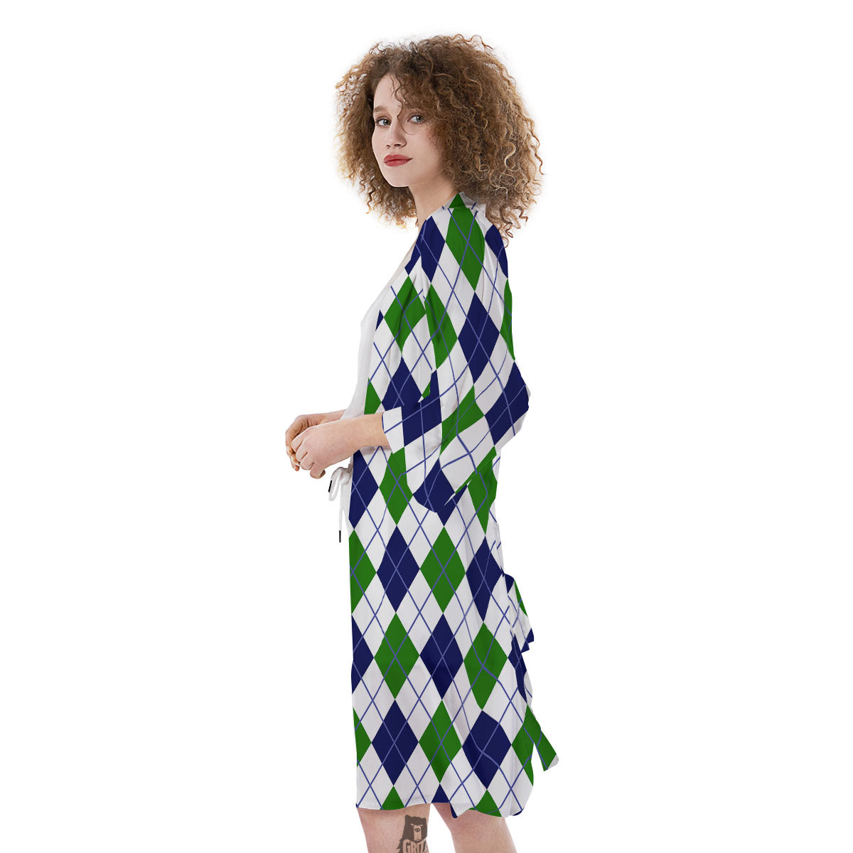 White Green And Navy Argyle Print Kimono-grizzshop