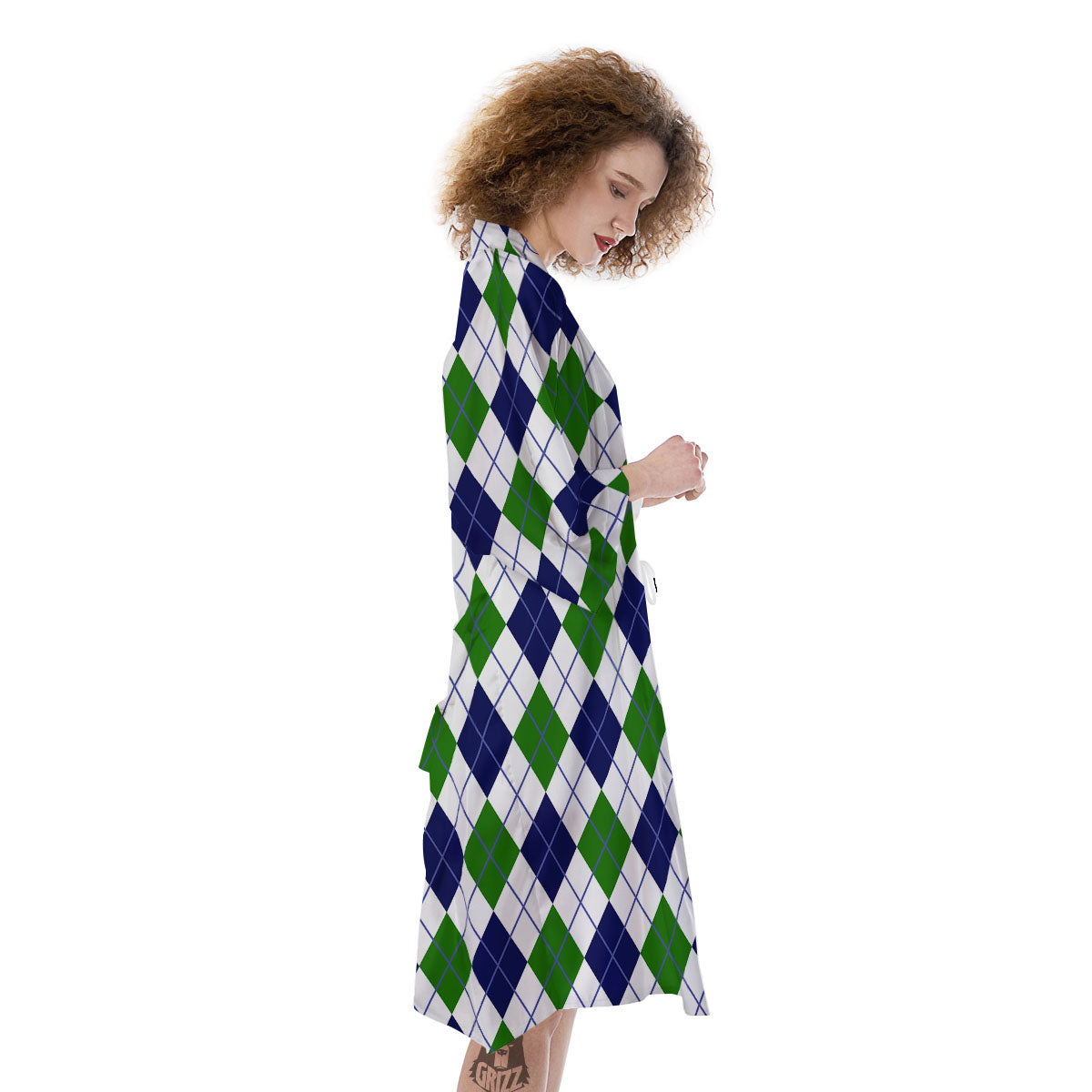 White Green And Navy Argyle Print Kimono-grizzshop