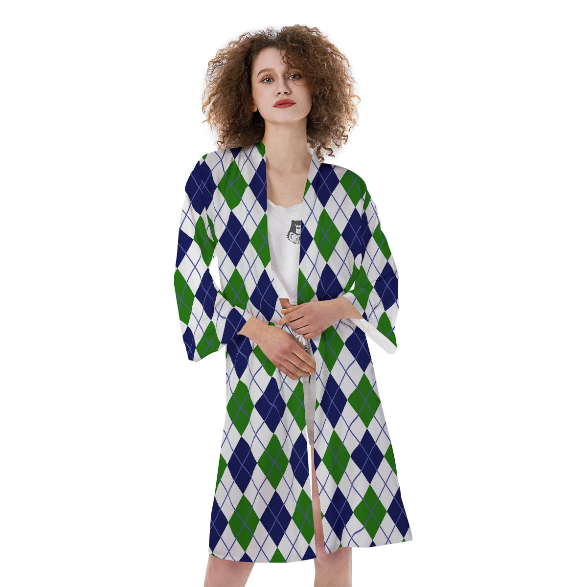 White Green And Navy Argyle Print Kimono-grizzshop