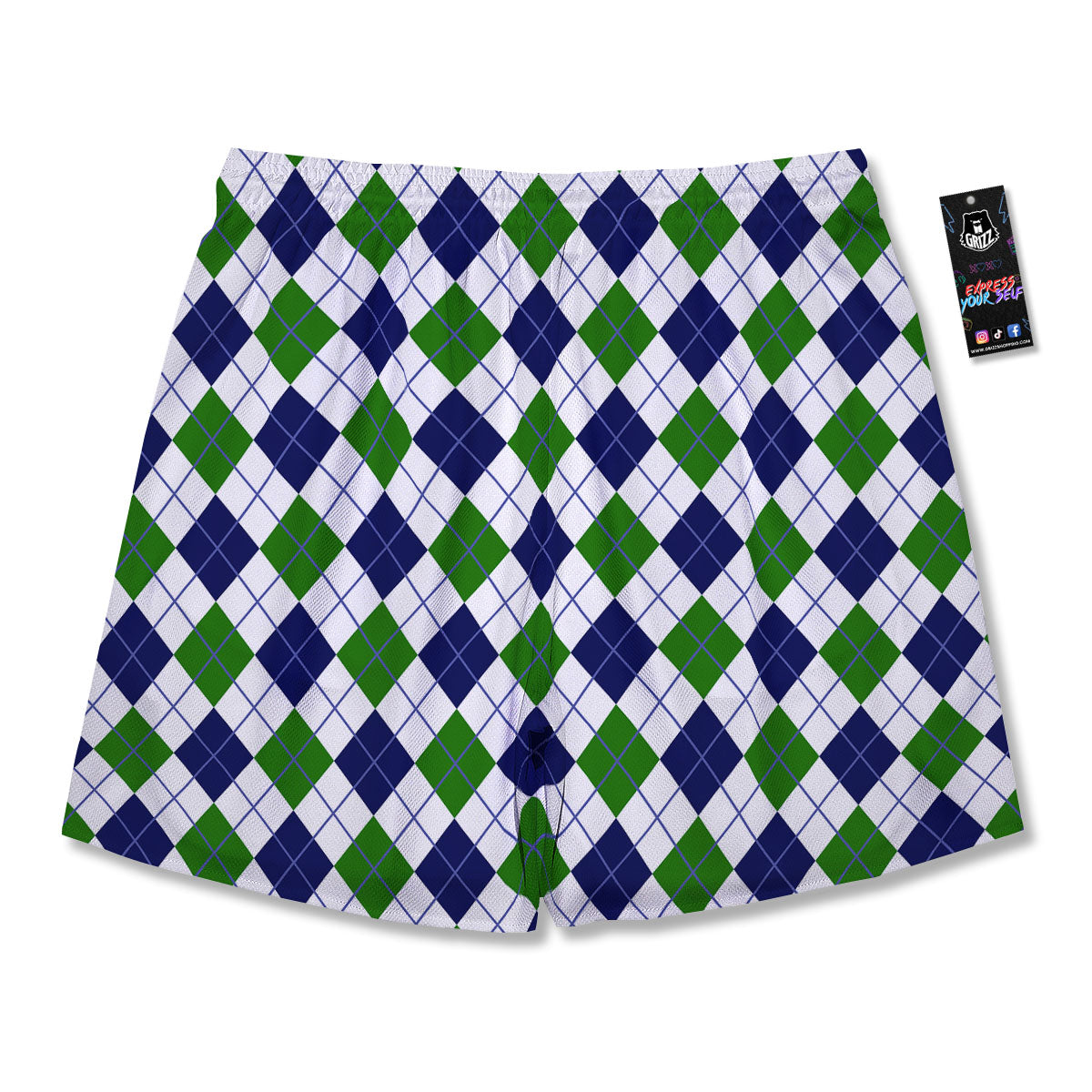 White Green And Navy Argyle Print Men's Running Shorts-grizzshop