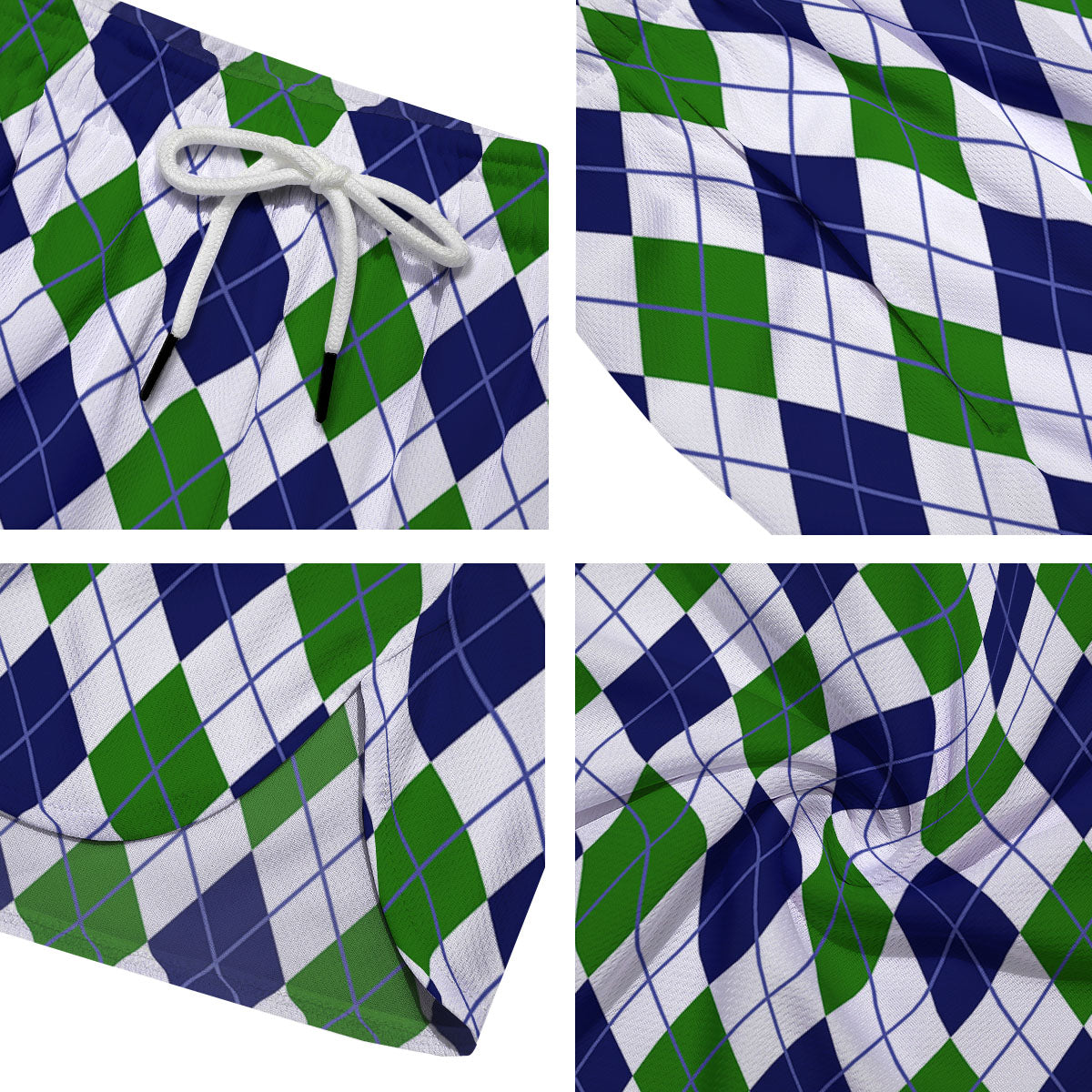 White Green And Navy Argyle Print Men's Running Shorts-grizzshop