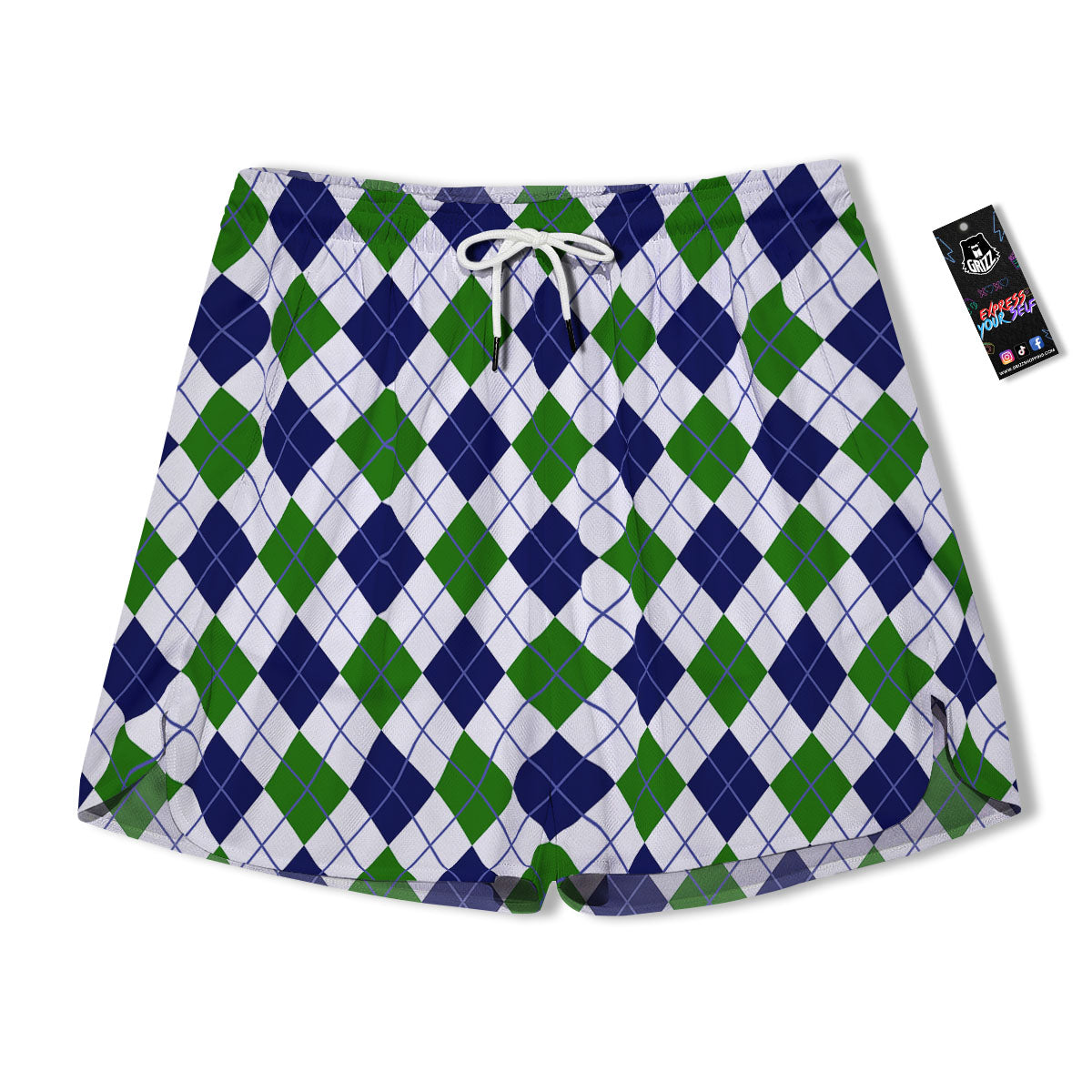 White Green And Navy Argyle Print Men's Running Shorts-grizzshop