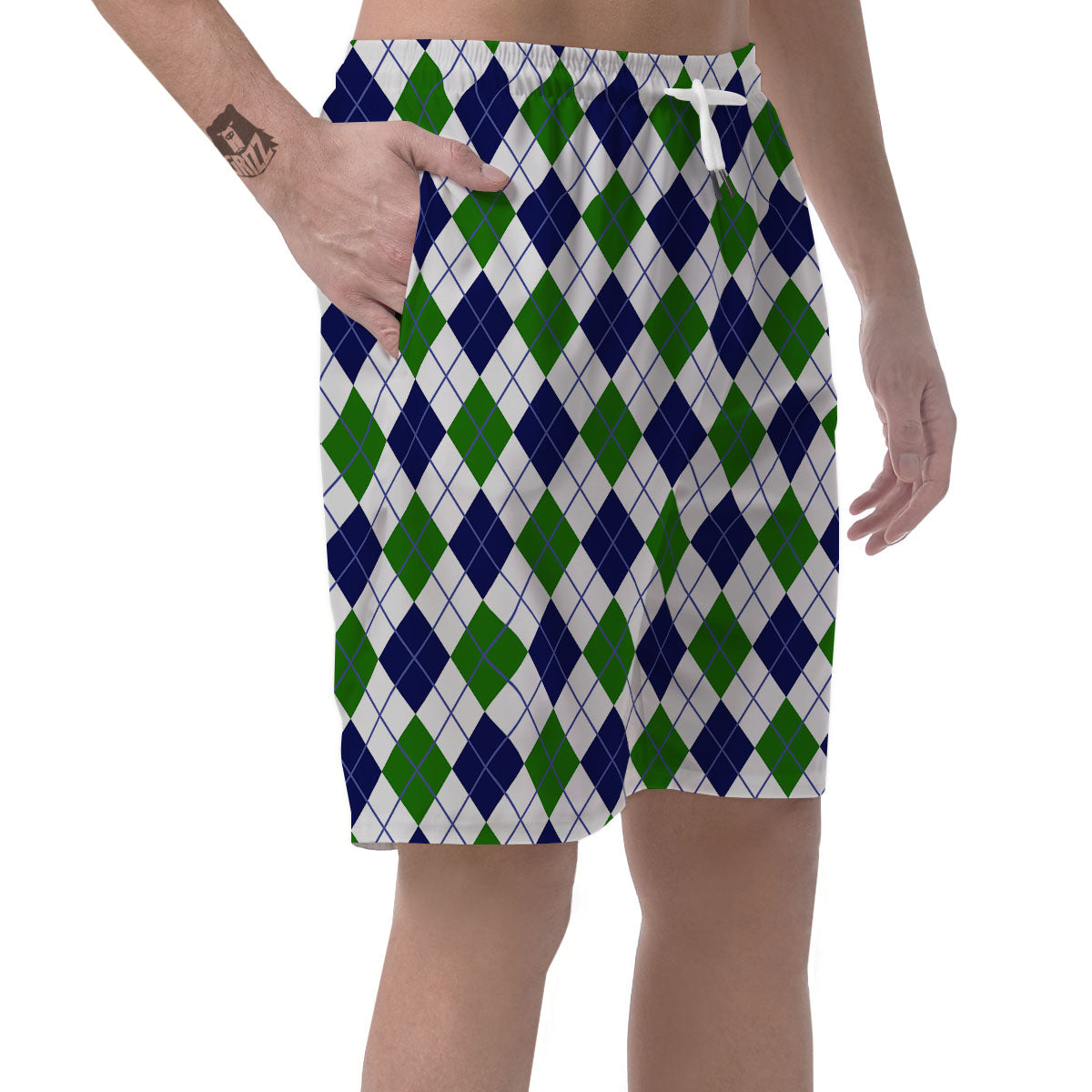 White Green And Navy Argyle Print Men's Shorts-grizzshop
