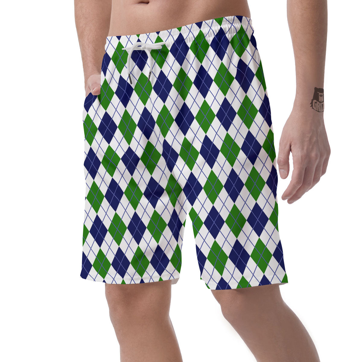 White Green And Navy Argyle Print Men's Shorts-grizzshop