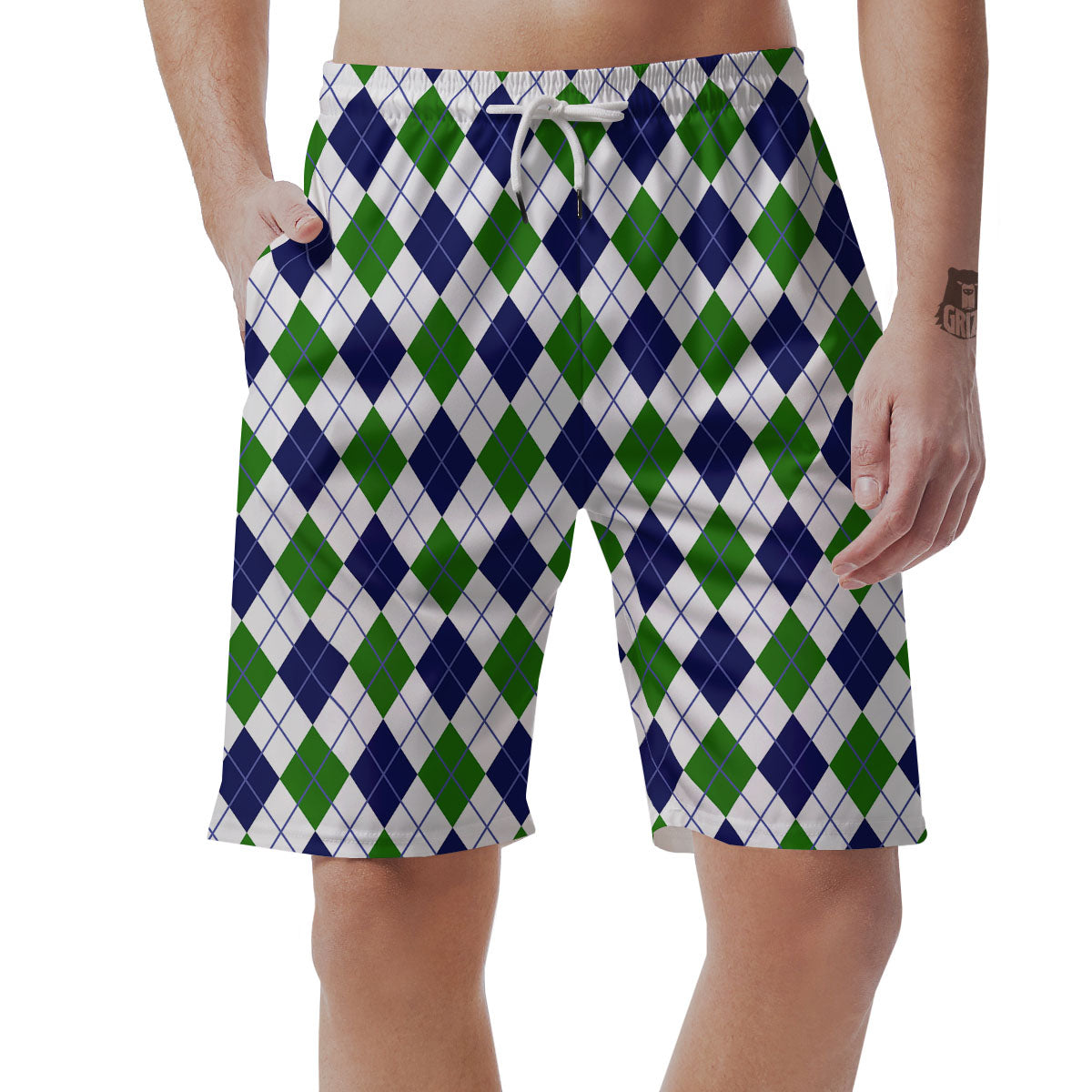 White Green And Navy Argyle Print Men's Shorts-grizzshop