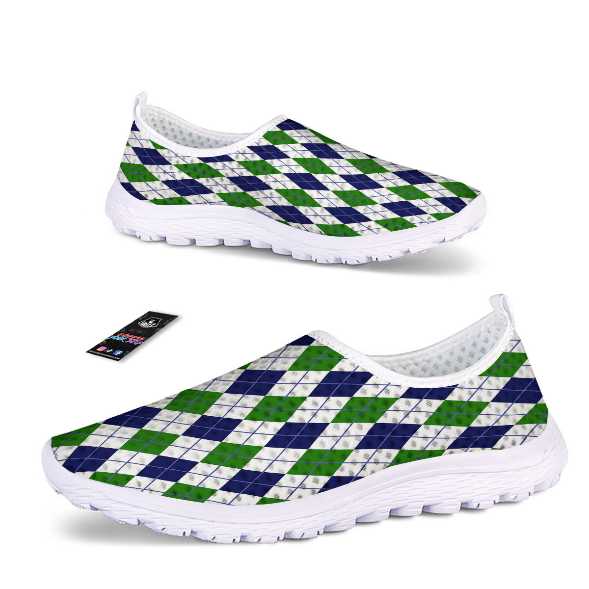 White Green And Navy Argyle Print Nurse Shoes-grizzshop