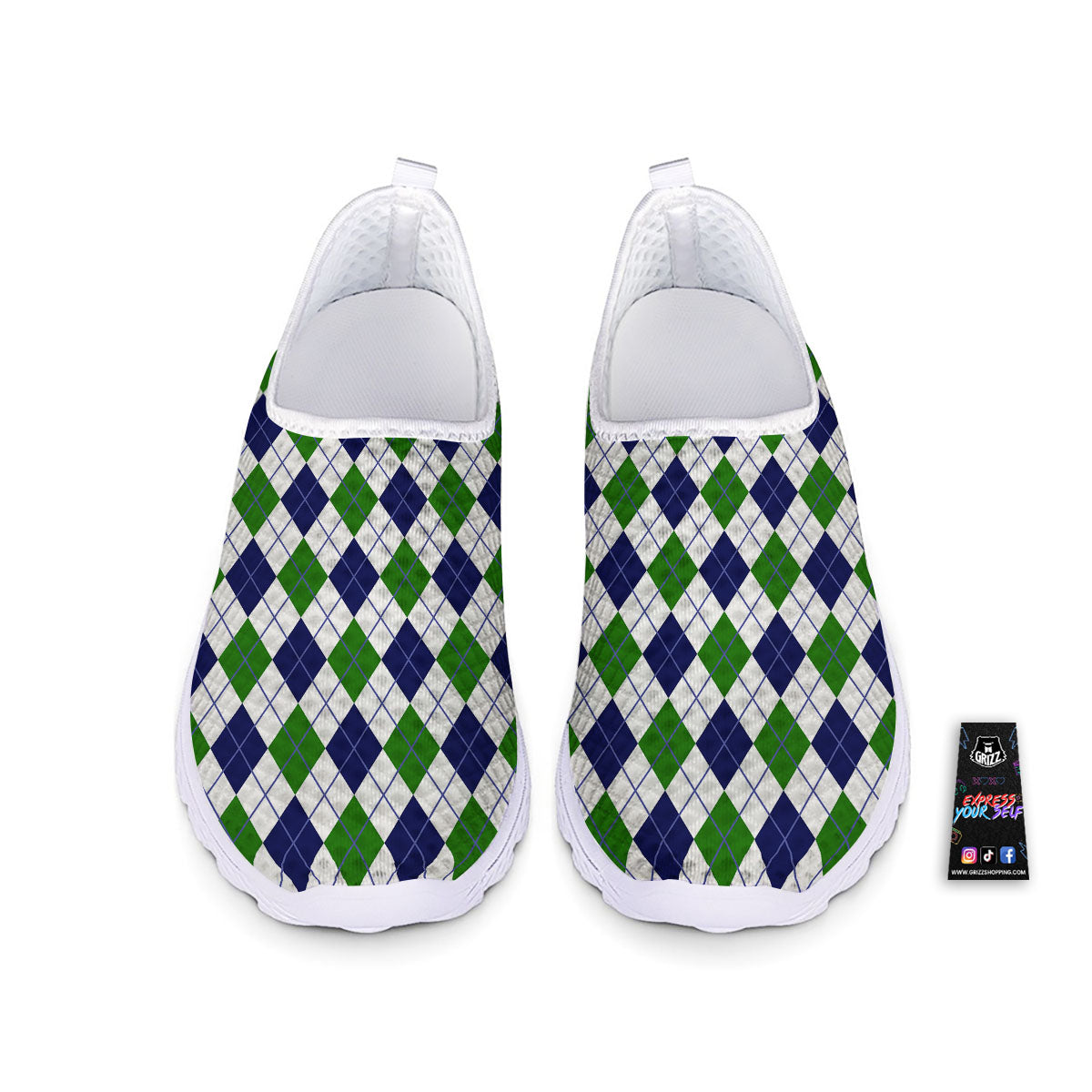 White Green And Navy Argyle Print Nurse Shoes-grizzshop