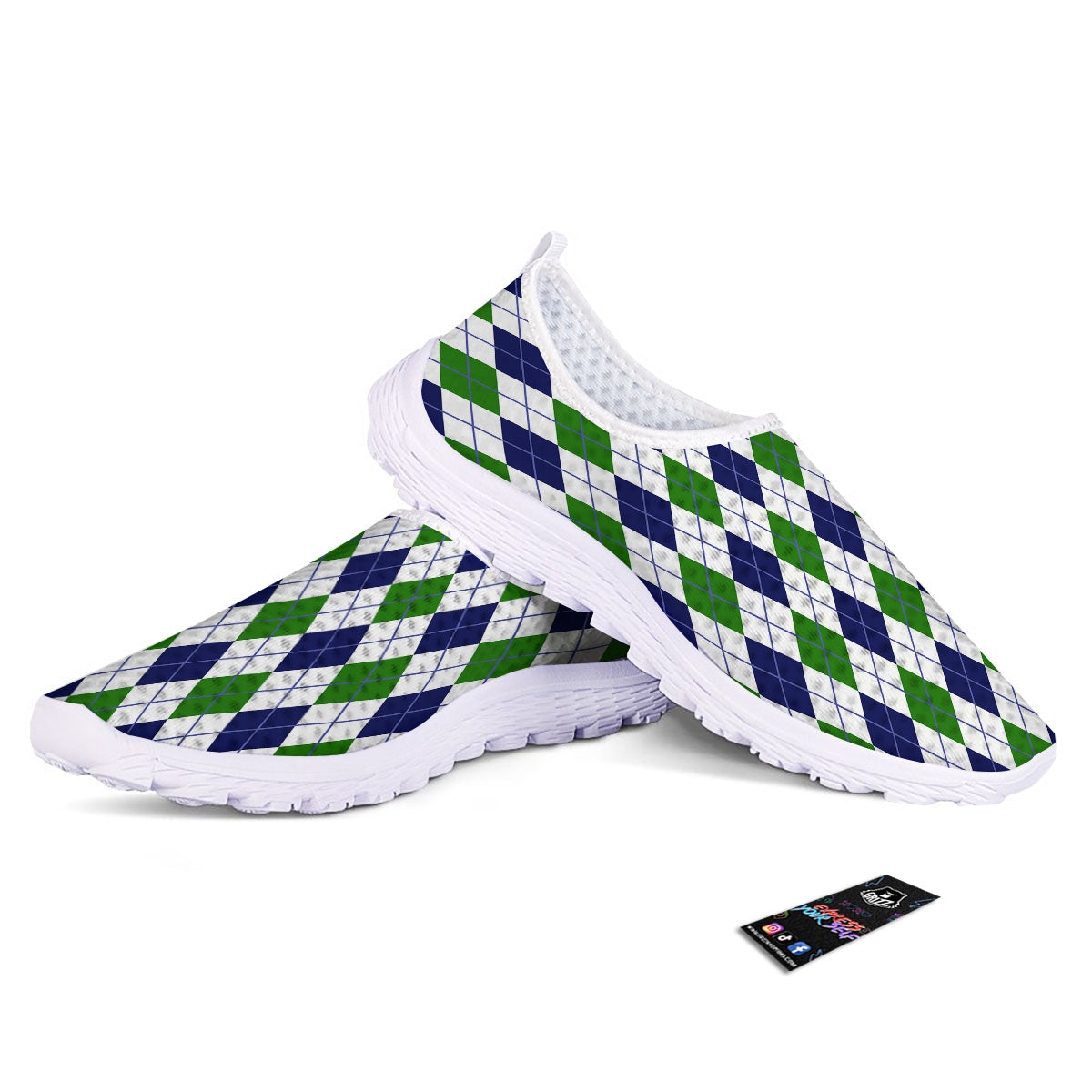 White Green And Navy Argyle Print Nurse Shoes-grizzshop