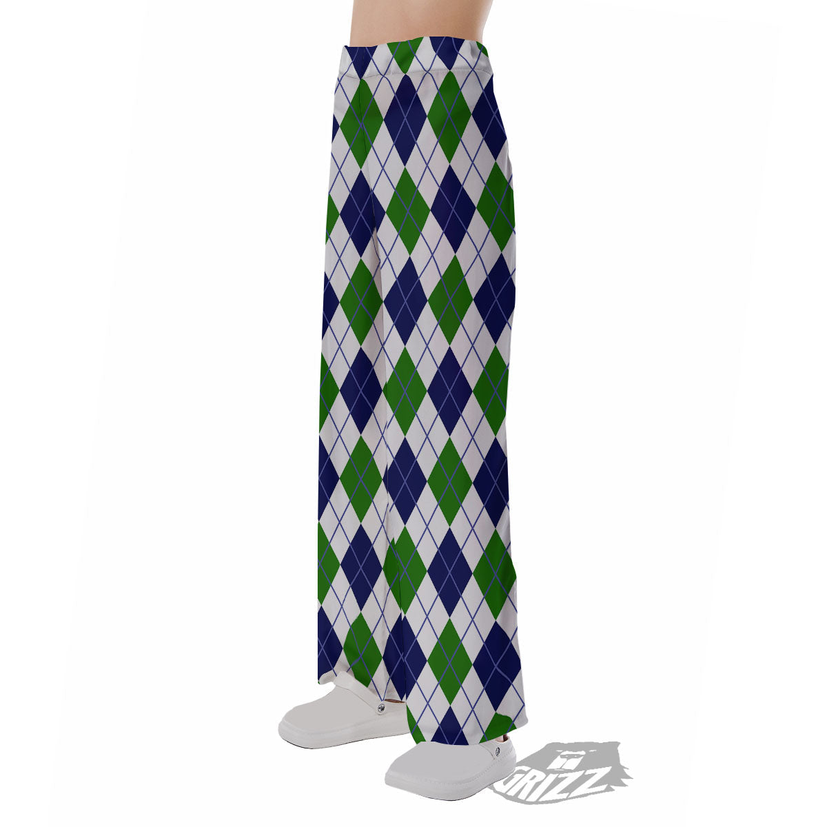 White Green And Navy Argyle Print Pajama Pants-grizzshop