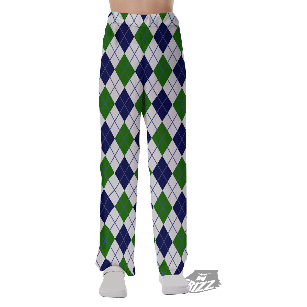 White Green And Navy Argyle Print Pajama Pants-grizzshop
