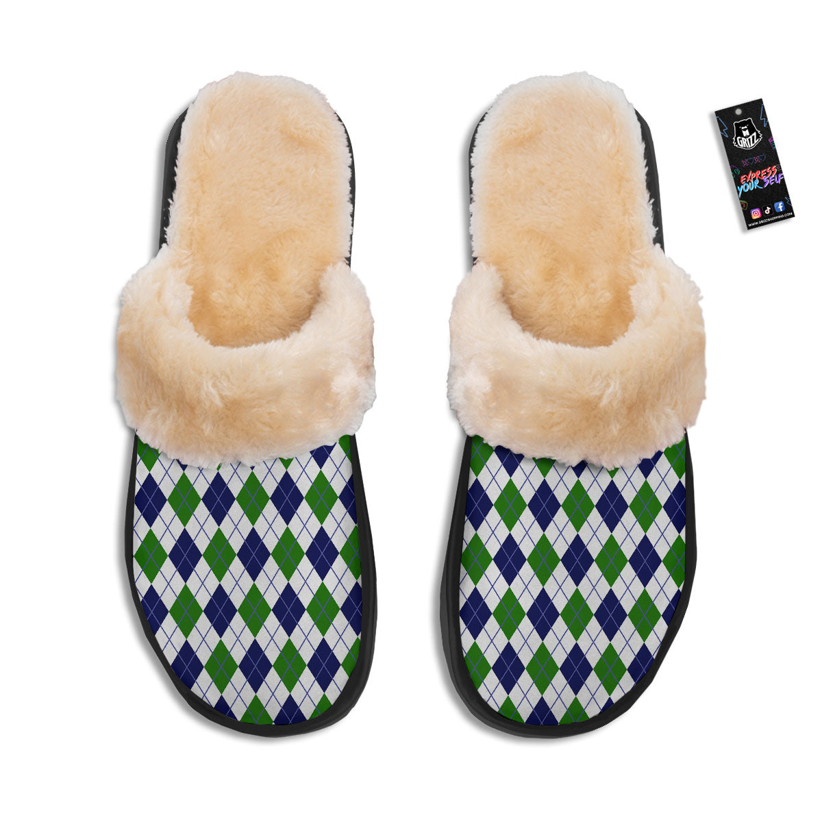White Green And Navy Argyle Print Slippers-grizzshop