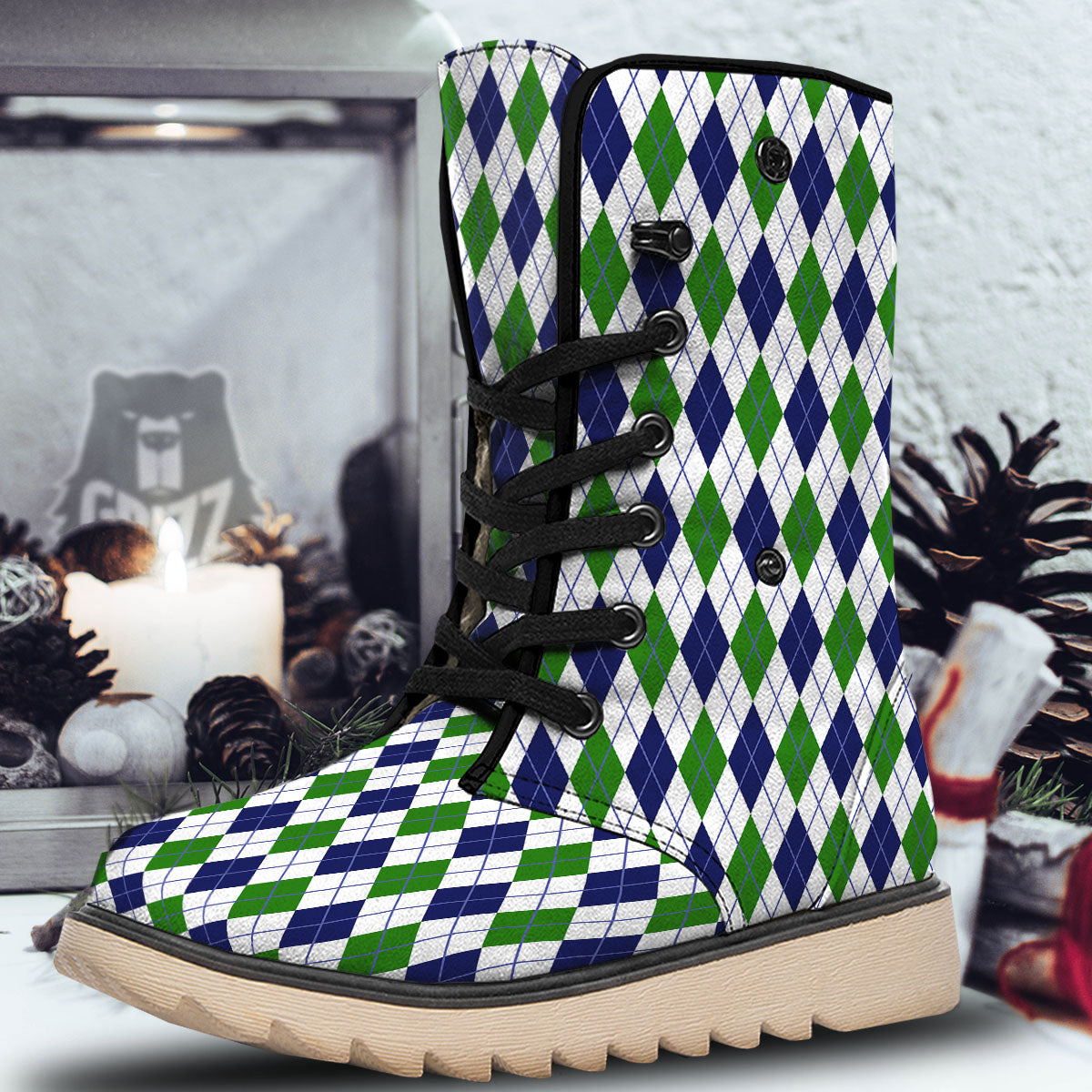 White Green And Navy Argyle Print Snow Boots-grizzshop