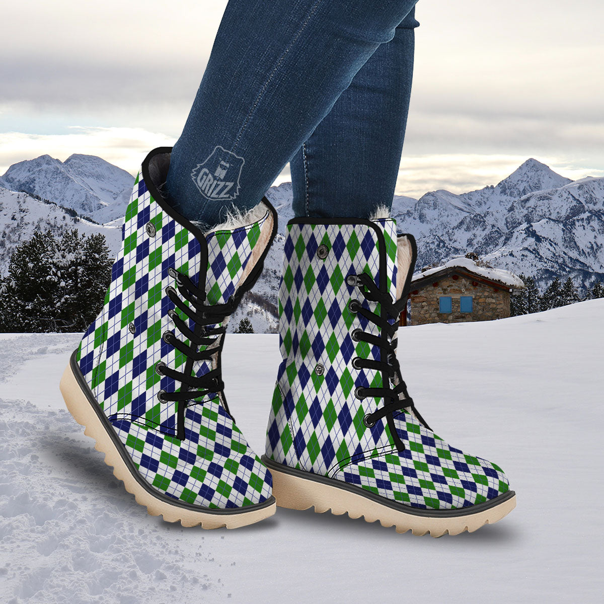 White Green And Navy Argyle Print Snow Boots-grizzshop
