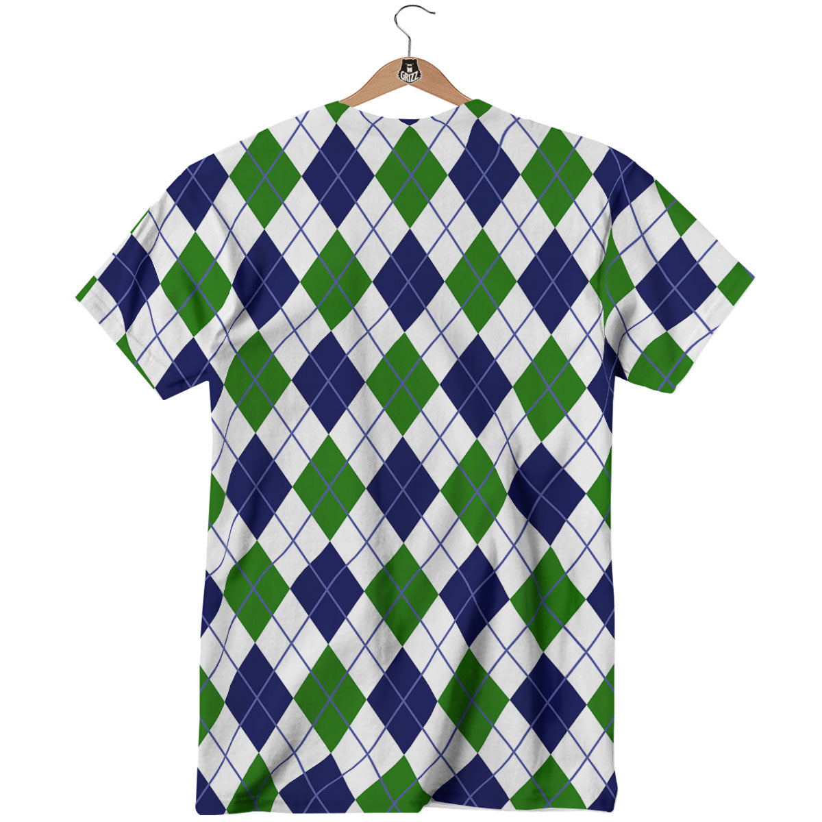 White Green And Navy Argyle Print T-Shirt-grizzshop