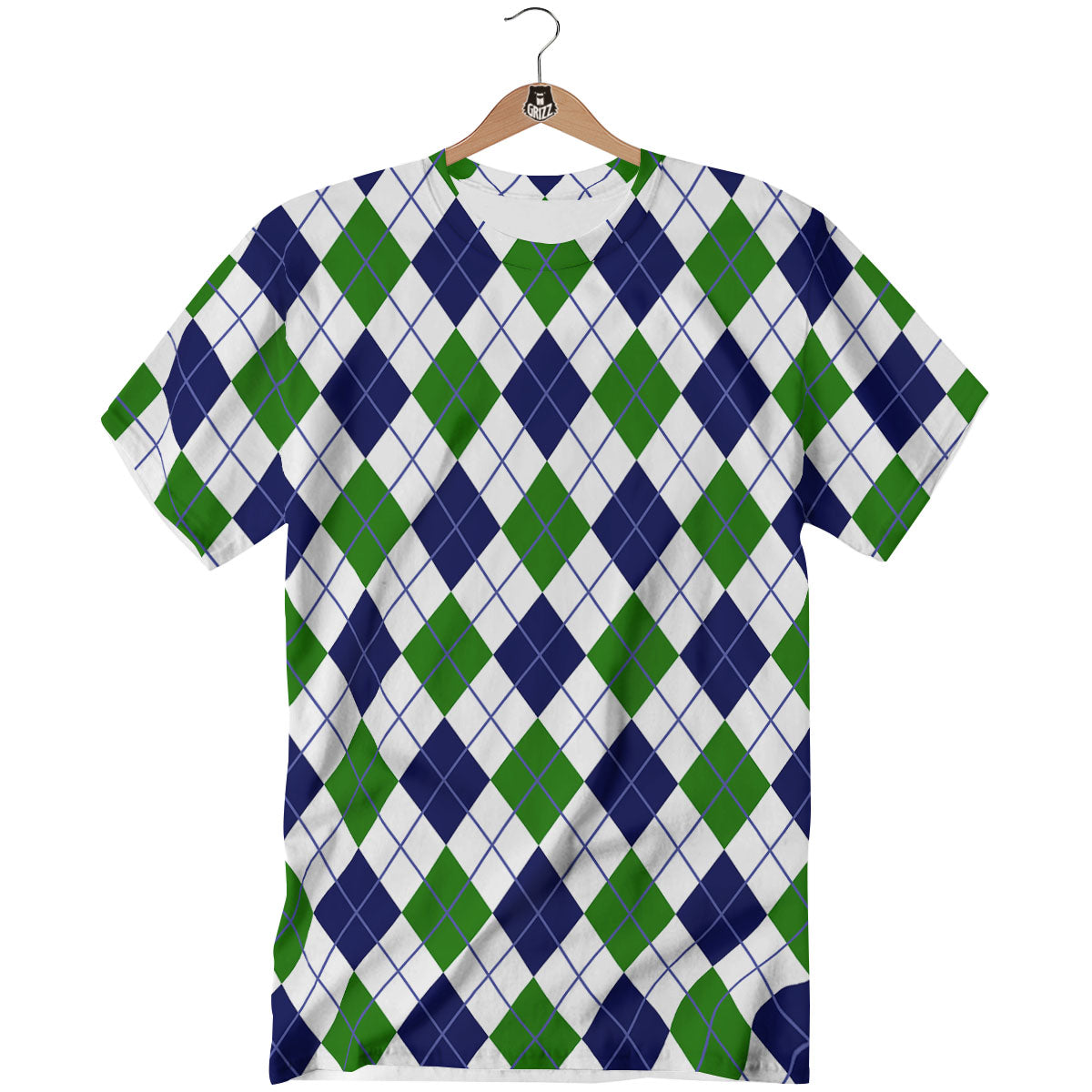 White Green And Navy Argyle Print T-Shirt-grizzshop