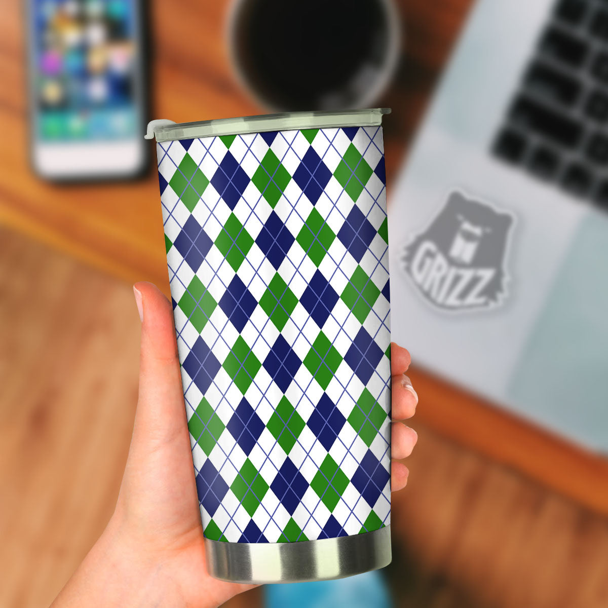 White Green And Navy Argyle Print Tumbler-grizzshop