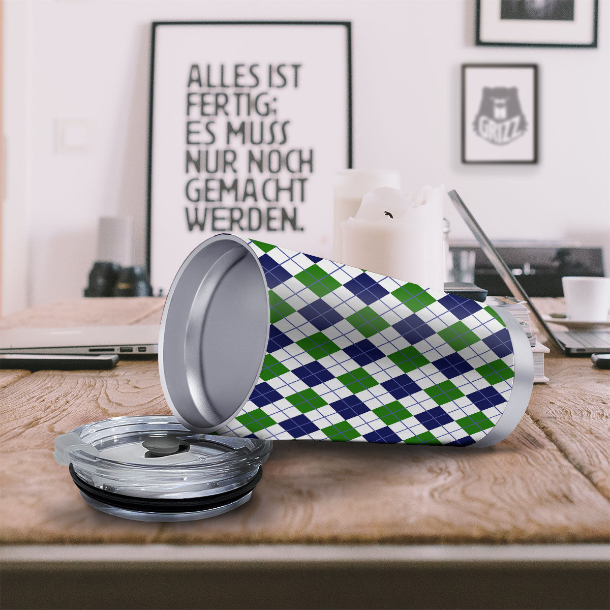 White Green And Navy Argyle Print Tumbler-grizzshop