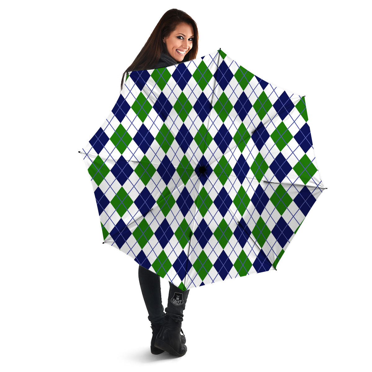 White Green And Navy Argyle Print Umbrella-grizzshop