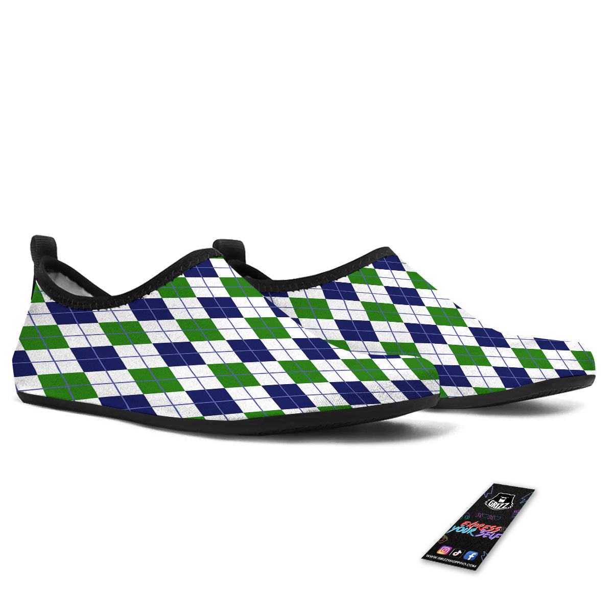 White Green And Navy Argyle Print Water Shoes-grizzshop