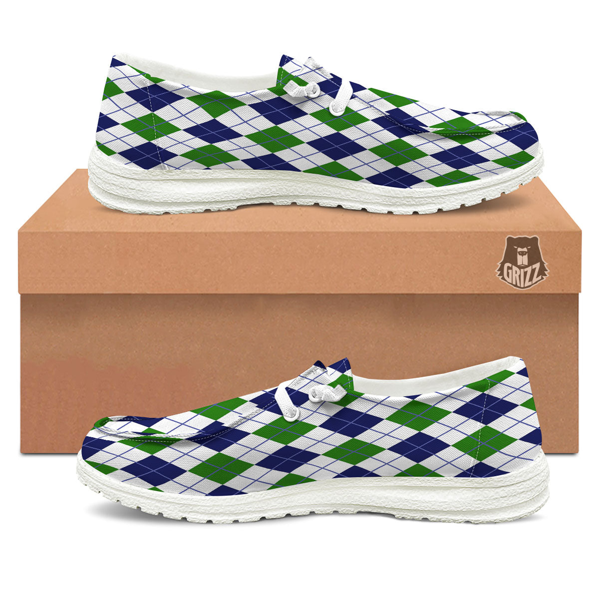 White Green And Navy Argyle Print White Loafers-grizzshop