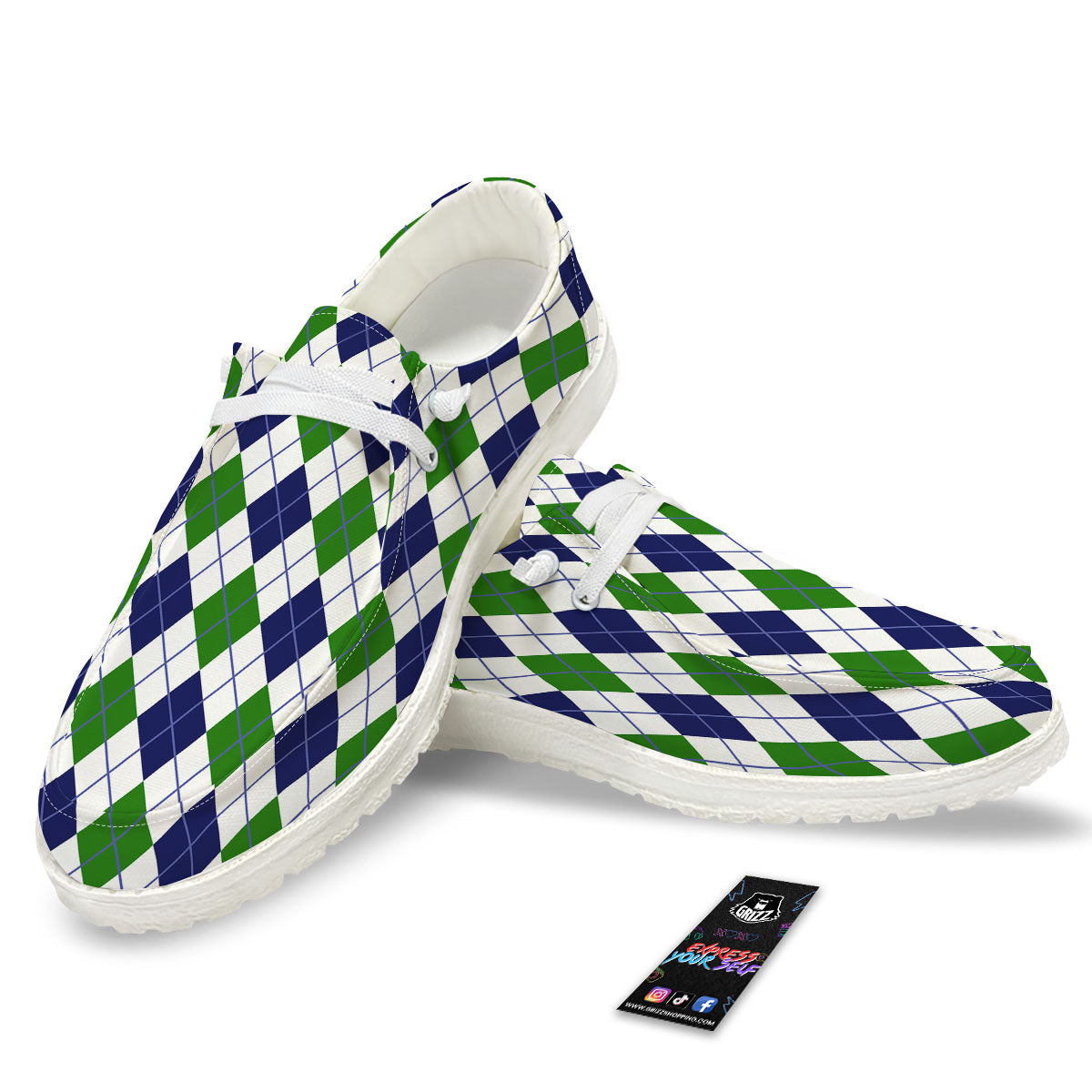 White Green And Navy Argyle Print White Loafers-grizzshop
