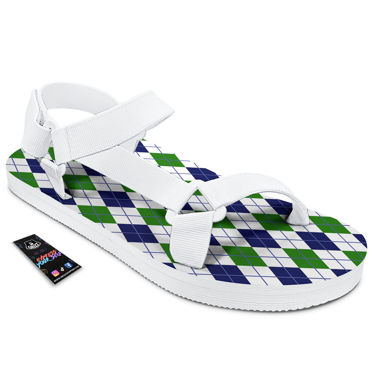 White Green And Navy Argyle Print White Open Toe Sandals-grizzshop