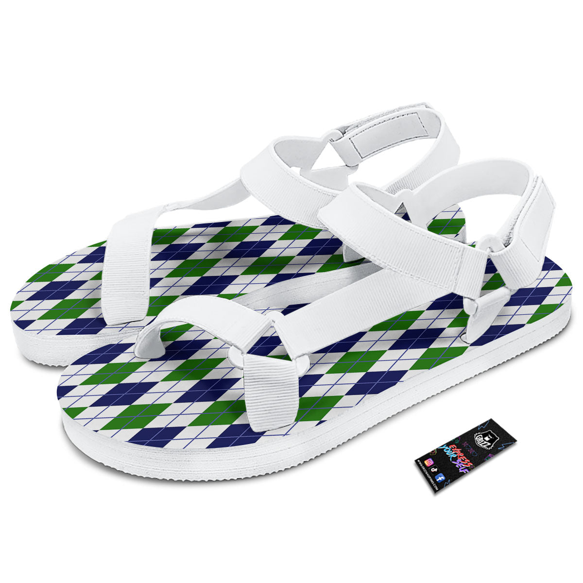 White Green And Navy Argyle Print White Open Toe Sandals-grizzshop