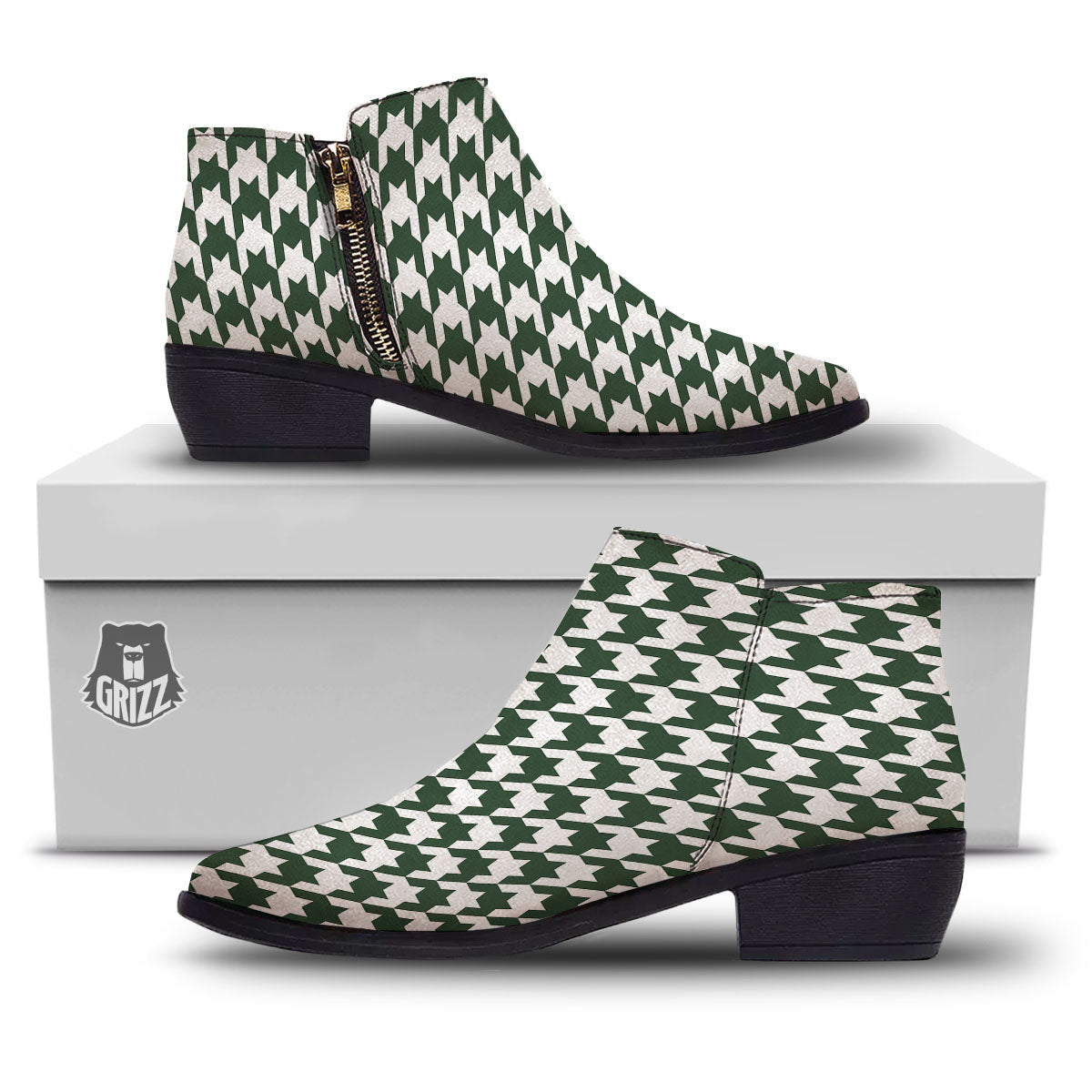 White Green Jungle Houndstooth Print Ankle Boots-grizzshop