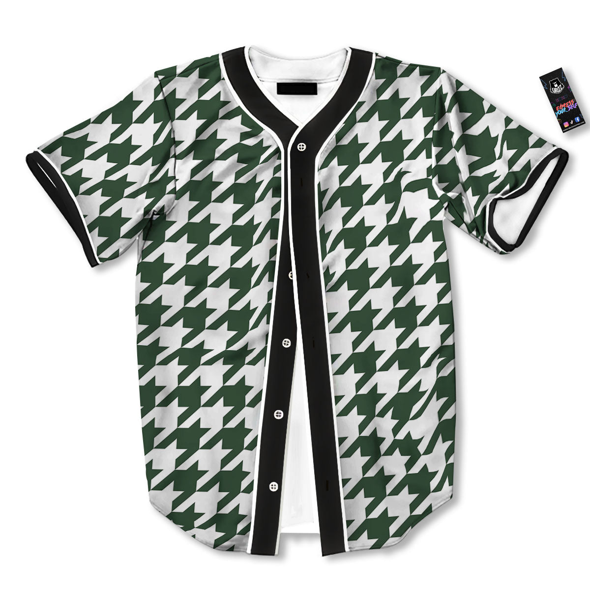 White Green Jungle Houndstooth Print Baseball Jersey-grizzshop