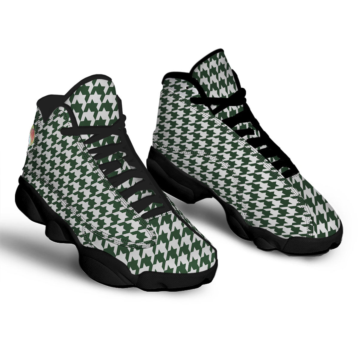 White Green Jungle Houndstooth Print Black Basketball Shoes-grizzshop
