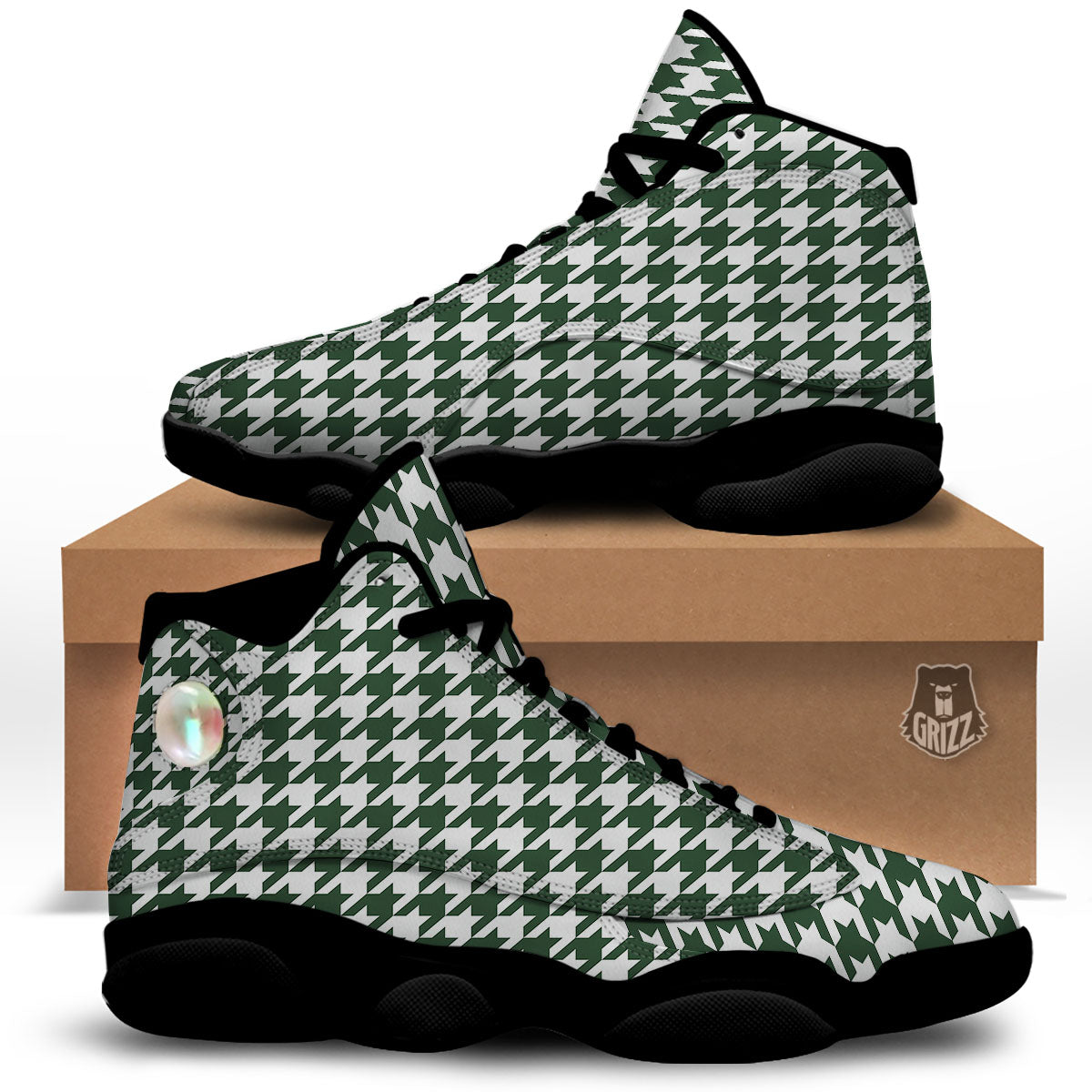 White Green Jungle Houndstooth Print Black Basketball Shoes-grizzshop