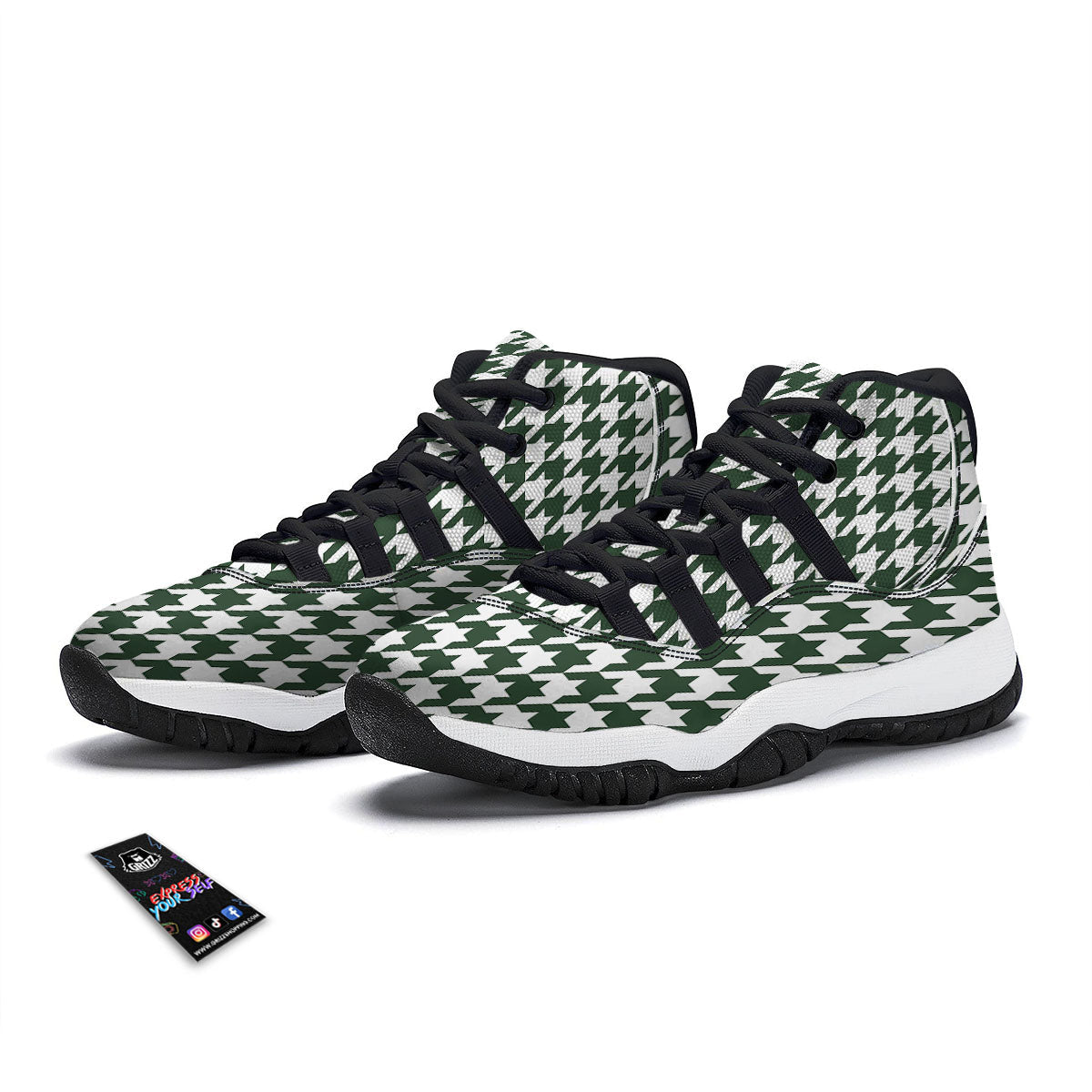 White Green Jungle Houndstooth Print Black Bball Shoes-grizzshop