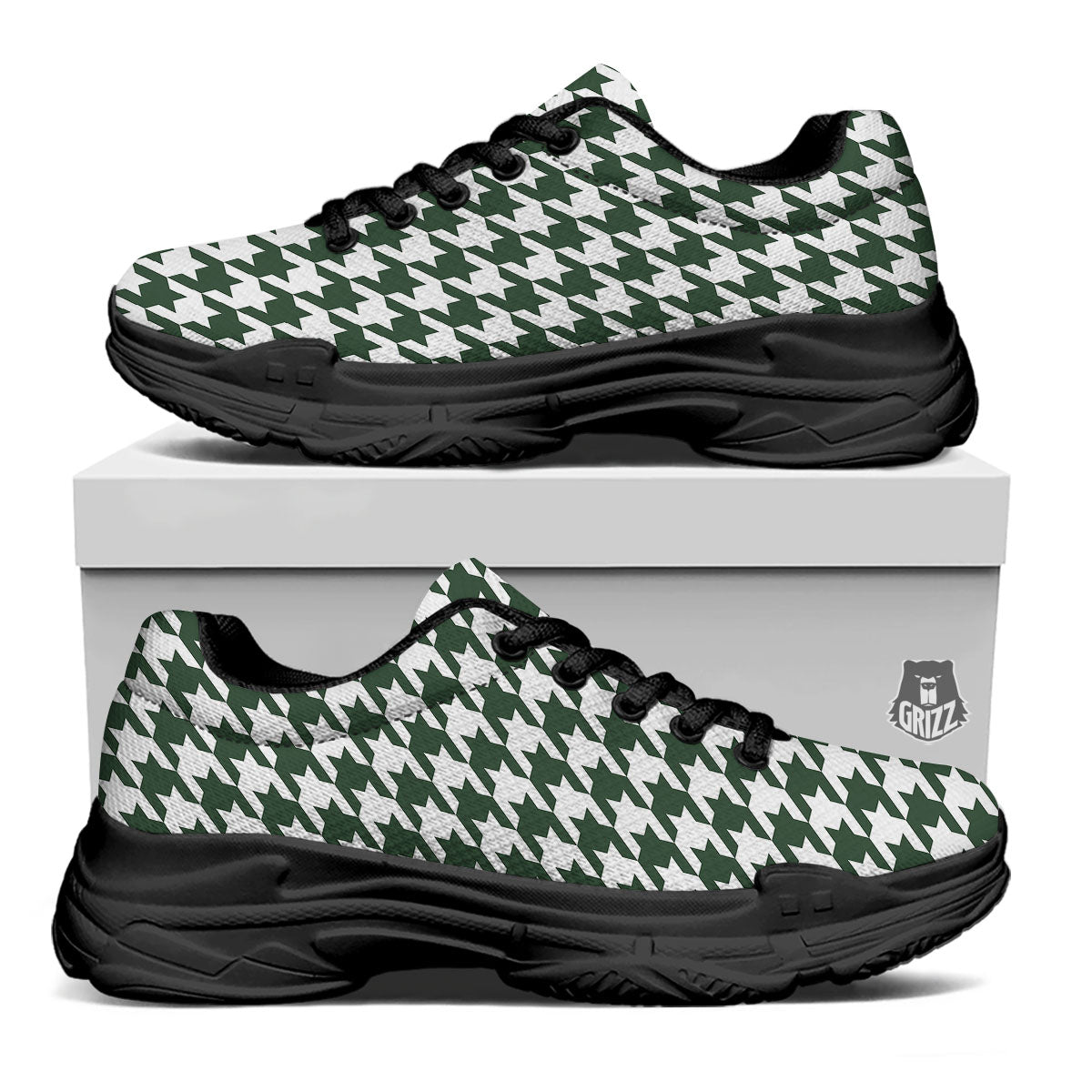 White Green Jungle Houndstooth Print Black Chunky Shoes-grizzshop