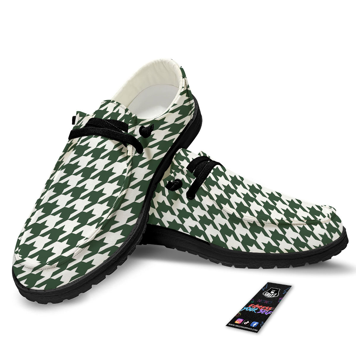White Green Jungle Houndstooth Print Black Loafers-grizzshop