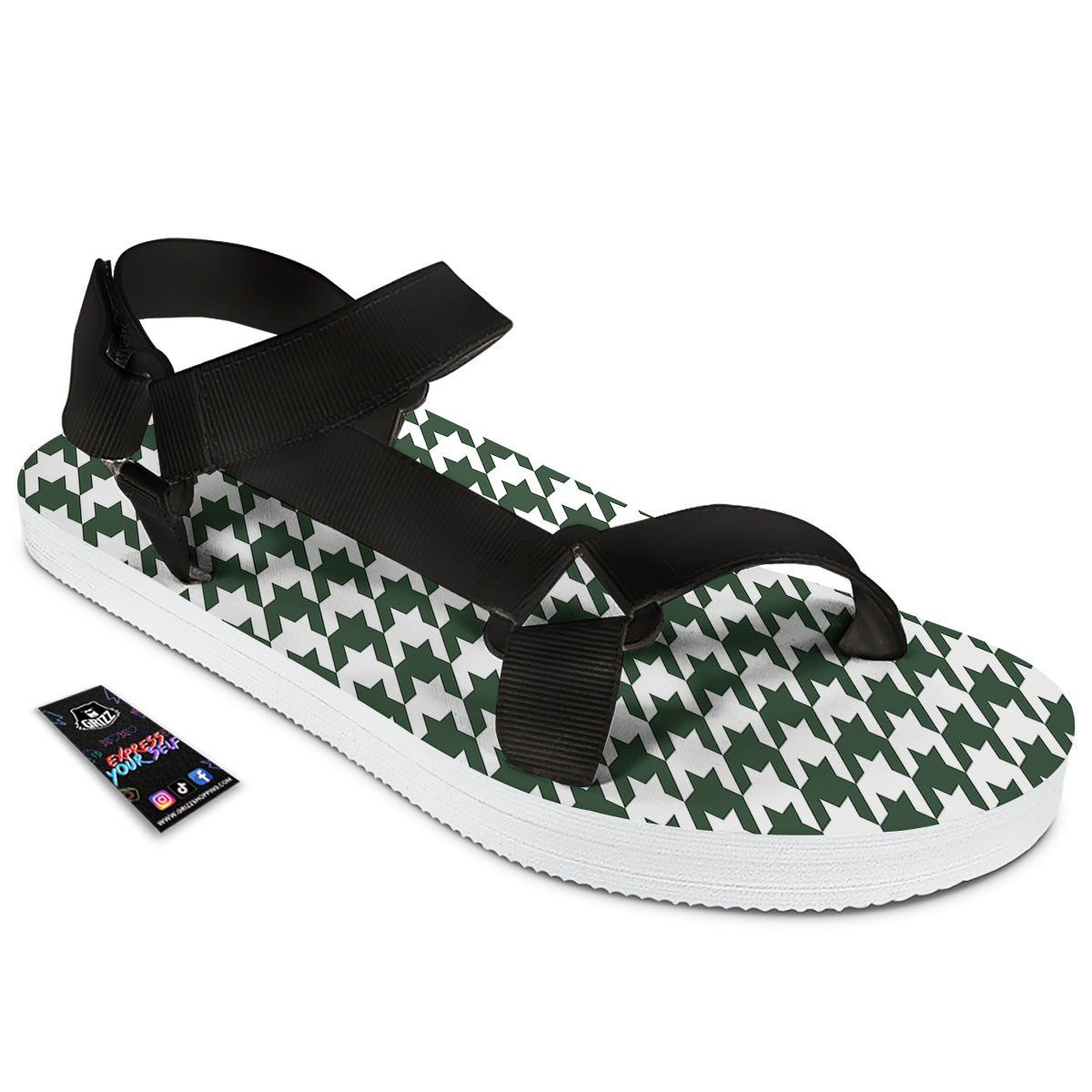 White Green Jungle Houndstooth Print Black Open Toe Sandals-grizzshop