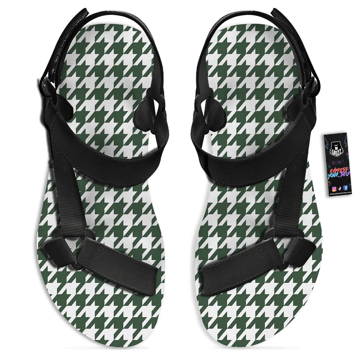 White Green Jungle Houndstooth Print Black Open Toe Sandals-grizzshop