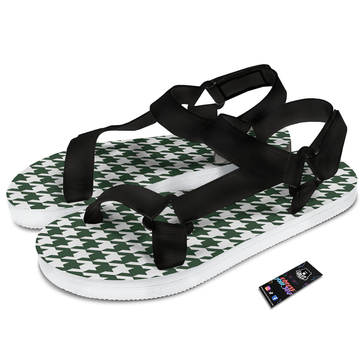 White Green Jungle Houndstooth Print Black Open Toe Sandals-grizzshop