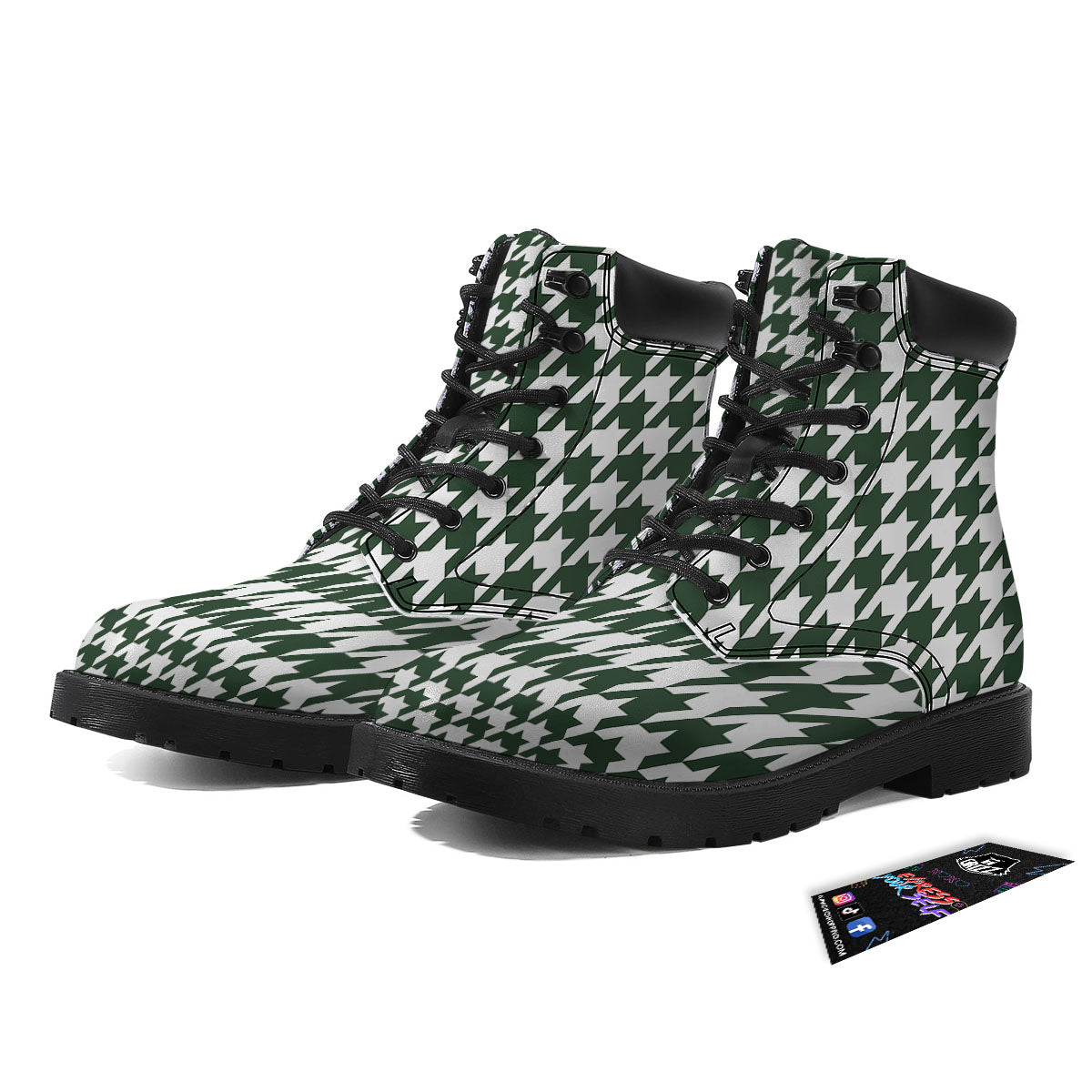 White Green Jungle Houndstooth Print Boots-grizzshop