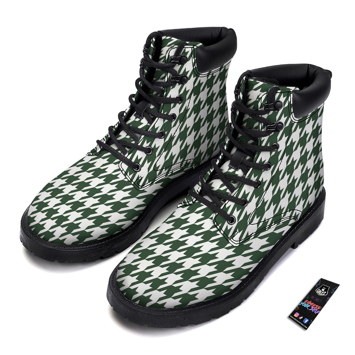 White Green Jungle Houndstooth Print Boots-grizzshop