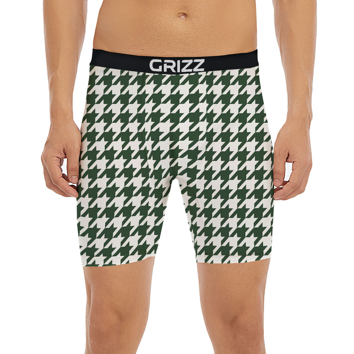 White Green Jungle Houndstooth Print Boxer Briefs-grizzshop