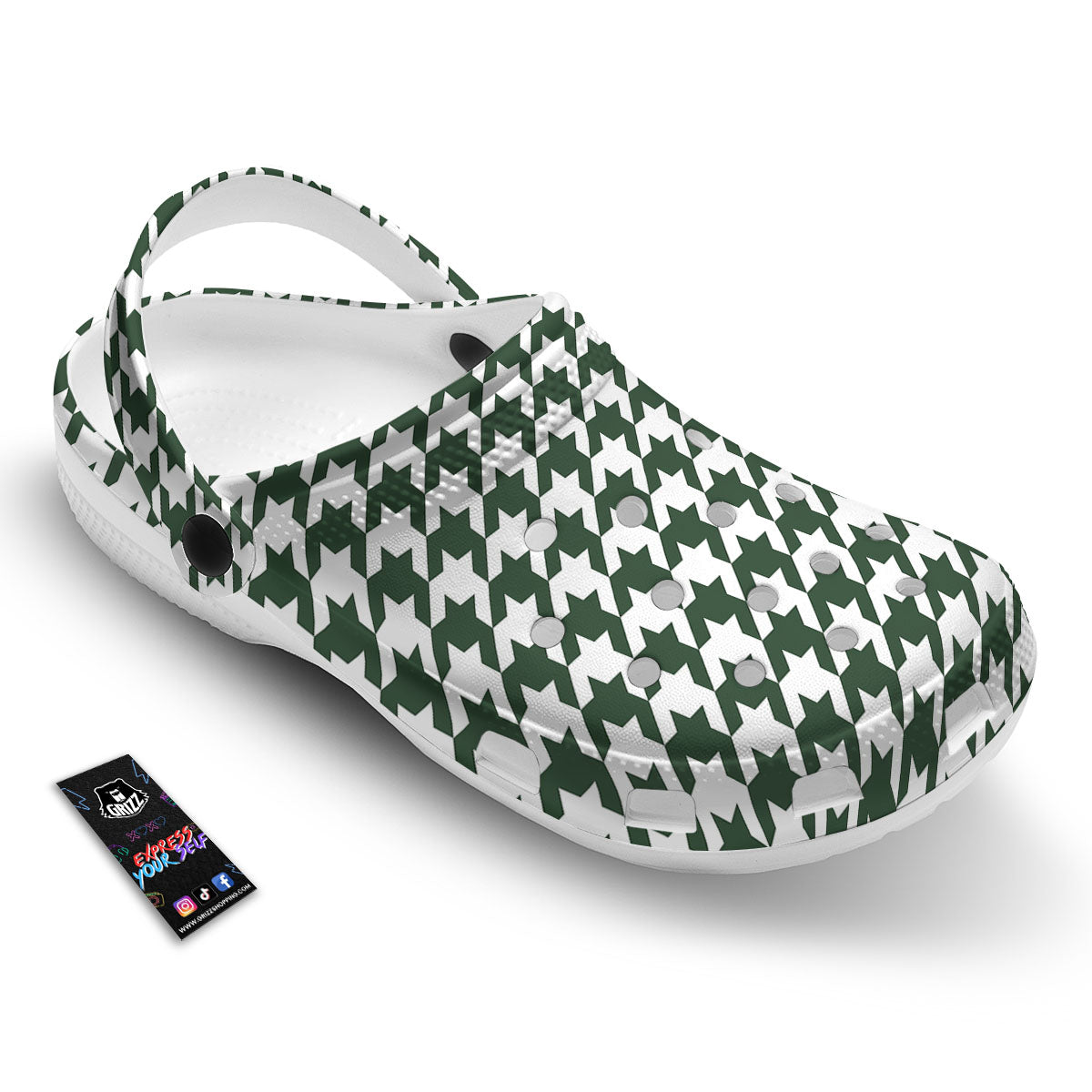 White Green Jungle Houndstooth Print Clog-grizzshop