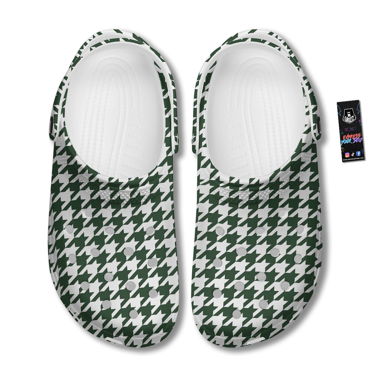 White Green Jungle Houndstooth Print Clog-grizzshop