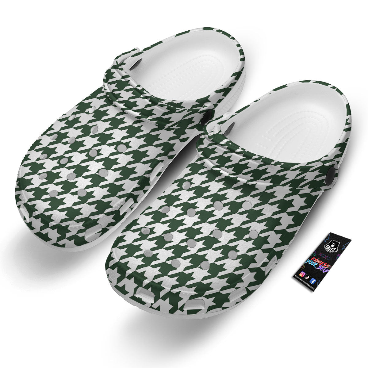 White Green Jungle Houndstooth Print Clog-grizzshop