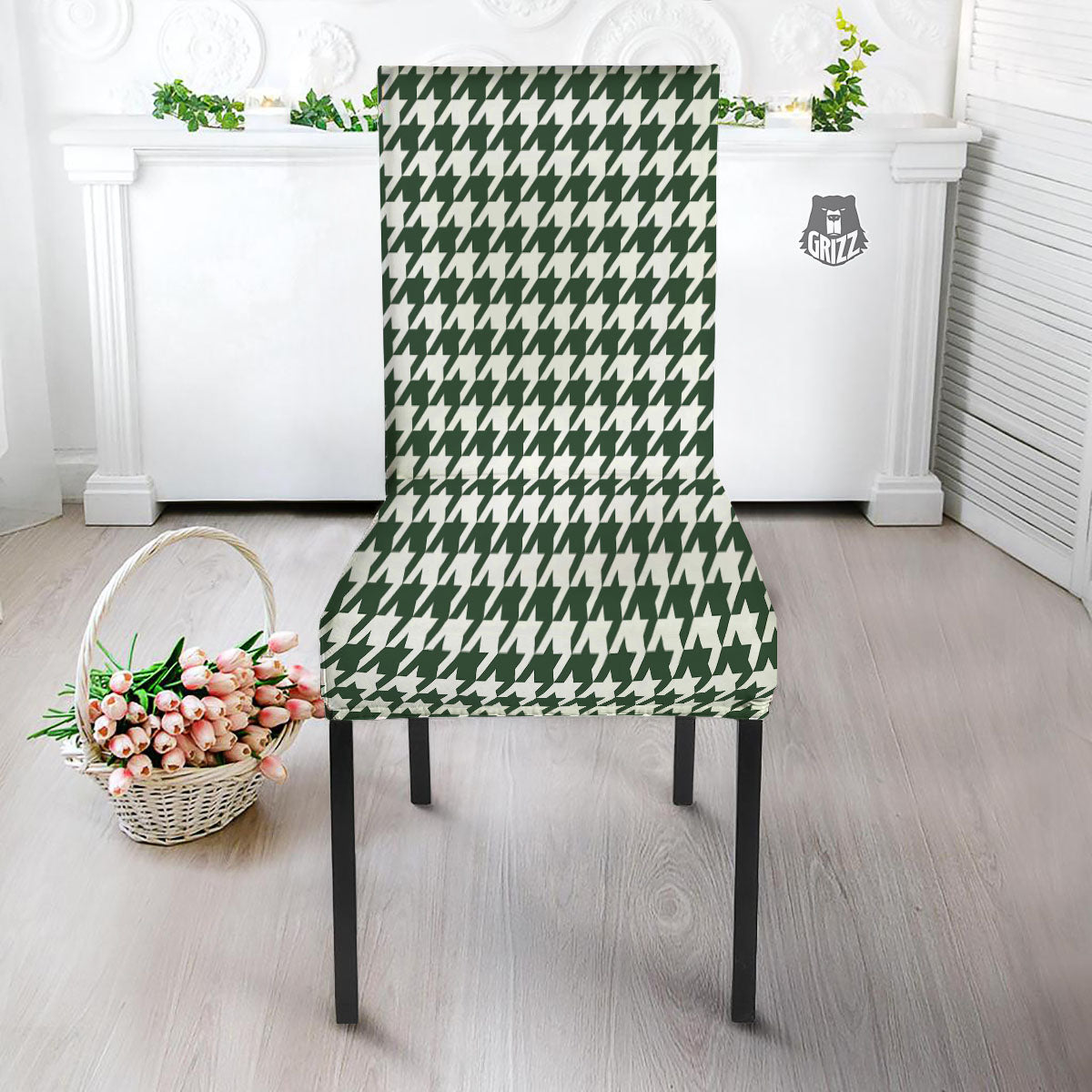 White Green Jungle Houndstooth Print Dining Chair Slipcover-grizzshop