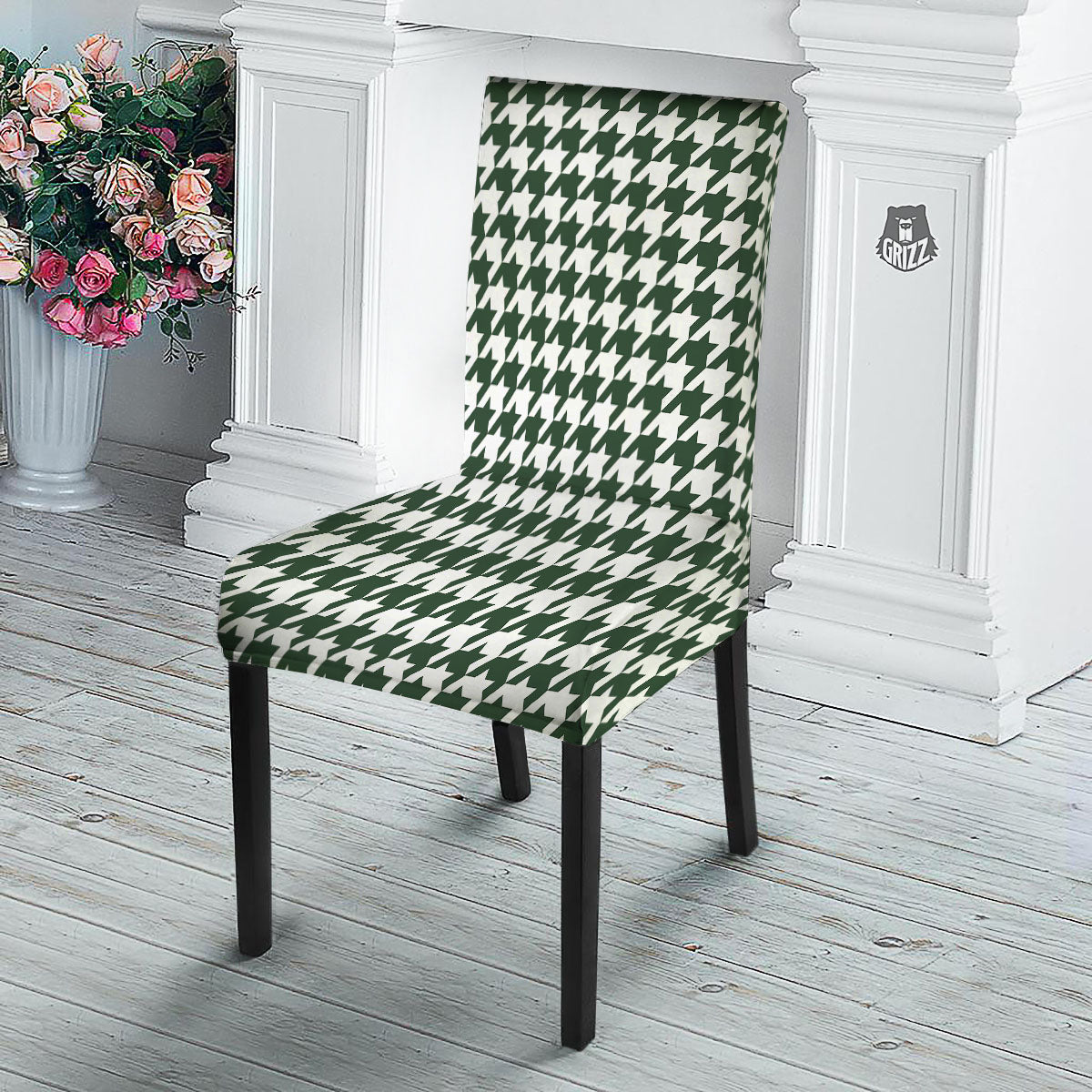 White Green Jungle Houndstooth Print Dining Chair Slipcover-grizzshop