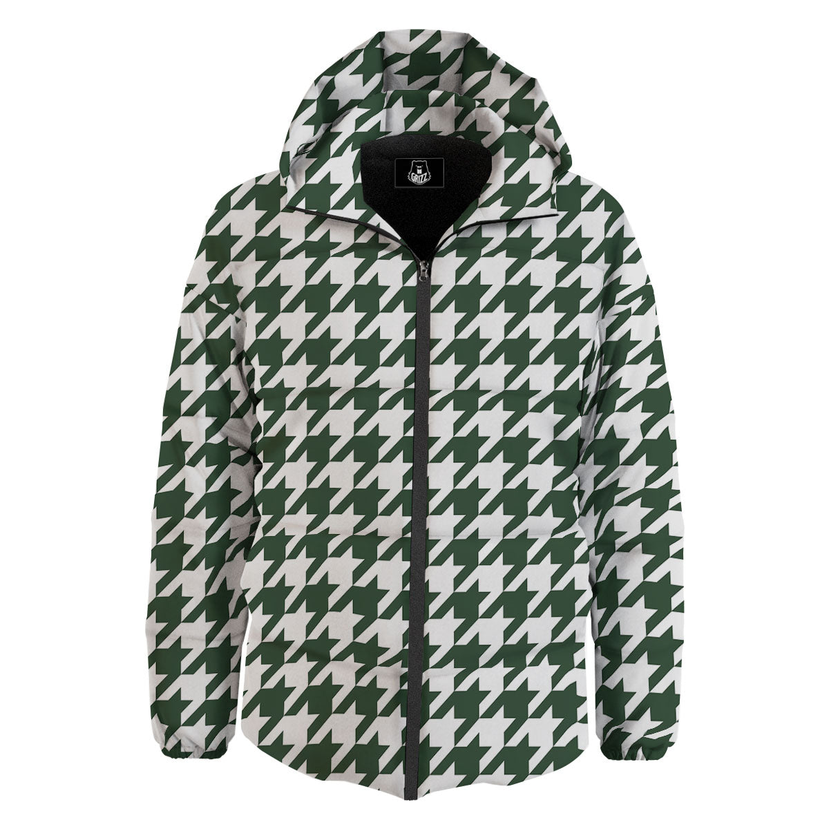 White Green Jungle Houndstooth Print Down Jacket-grizzshop