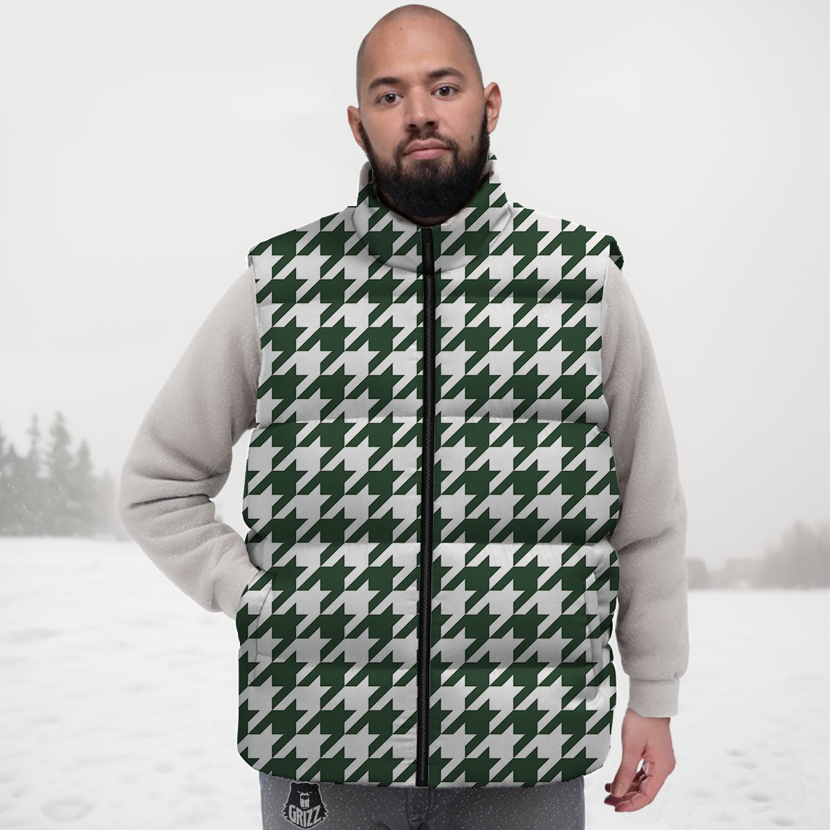 White Green Jungle Houndstooth Print Down Vest