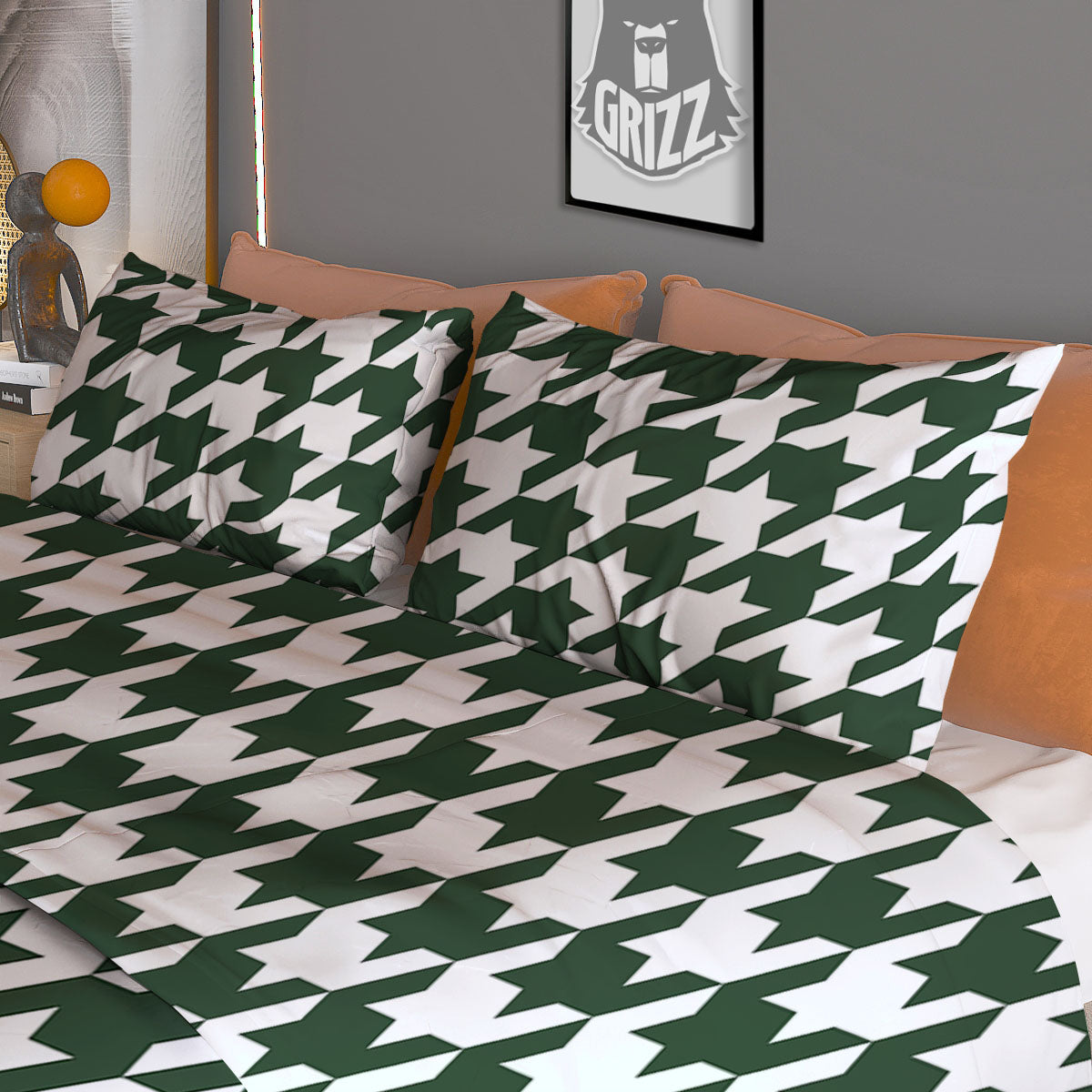 White Green Jungle Houndstooth Print Duvet Cover Bedding Set