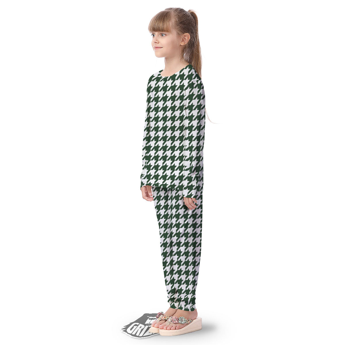 White Green Jungle Houndstooth Print Kid's Pajamas-grizzshop